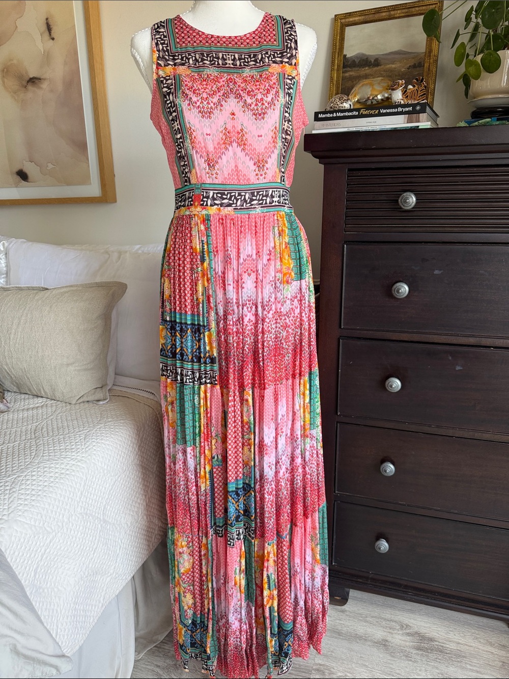 Johnny Was inspired Sleeveless Pink Patchwork Print Maxi Dress w/BeadTrim Detail